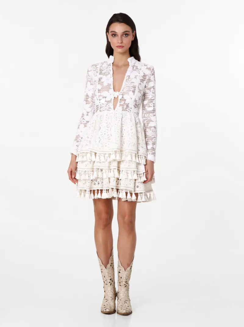 WHITE CROCHET LONGSLEEVE MINIDRESS