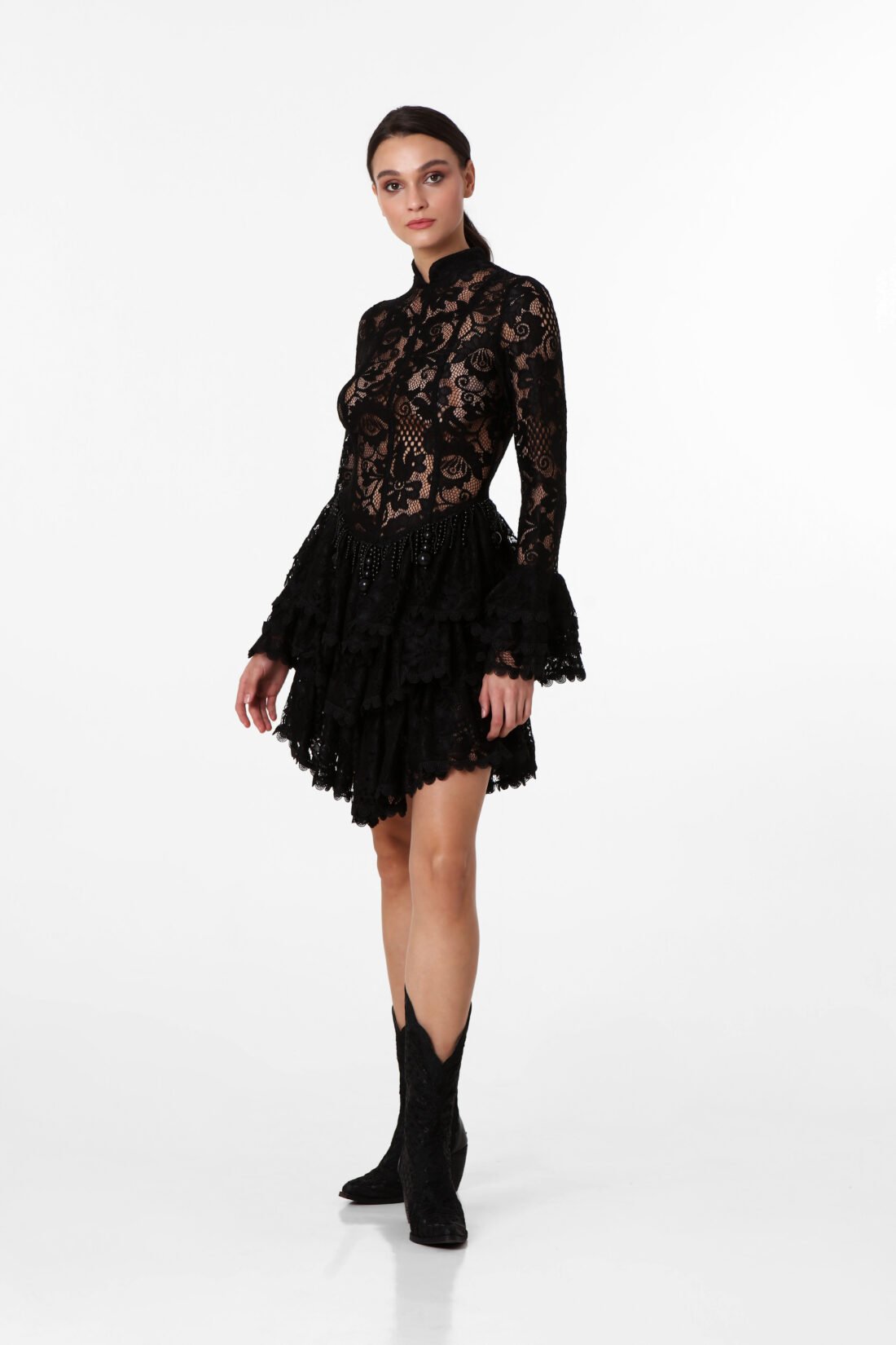 LONG-SLEEVE BLACK LACE MINI-DRESS