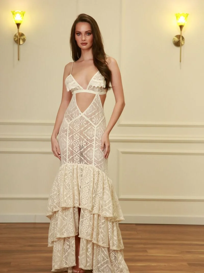 Beige Crochet Ruffle Maxi Dress