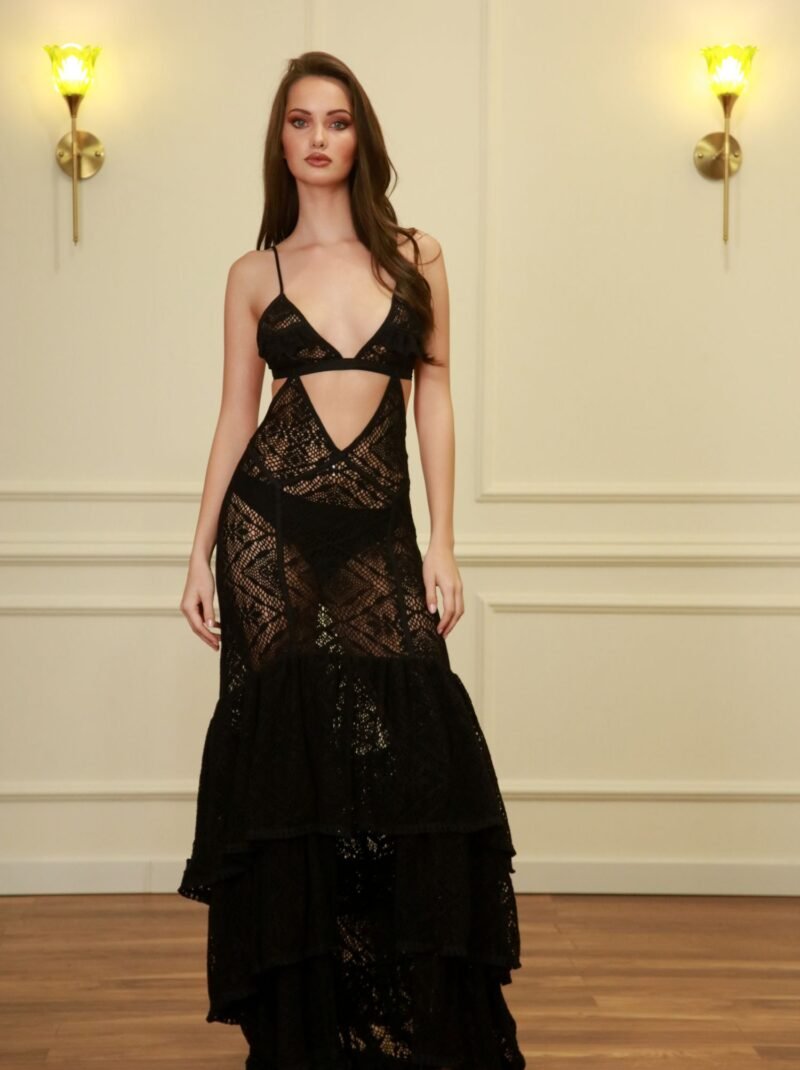 Black Crochet Ruffle Maxi Dress