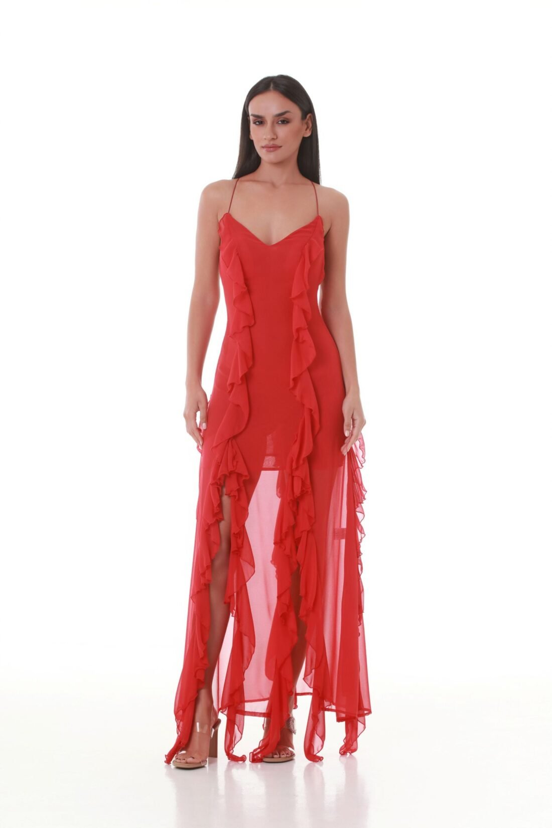 Red Ruffled V-neck Maxi Dress