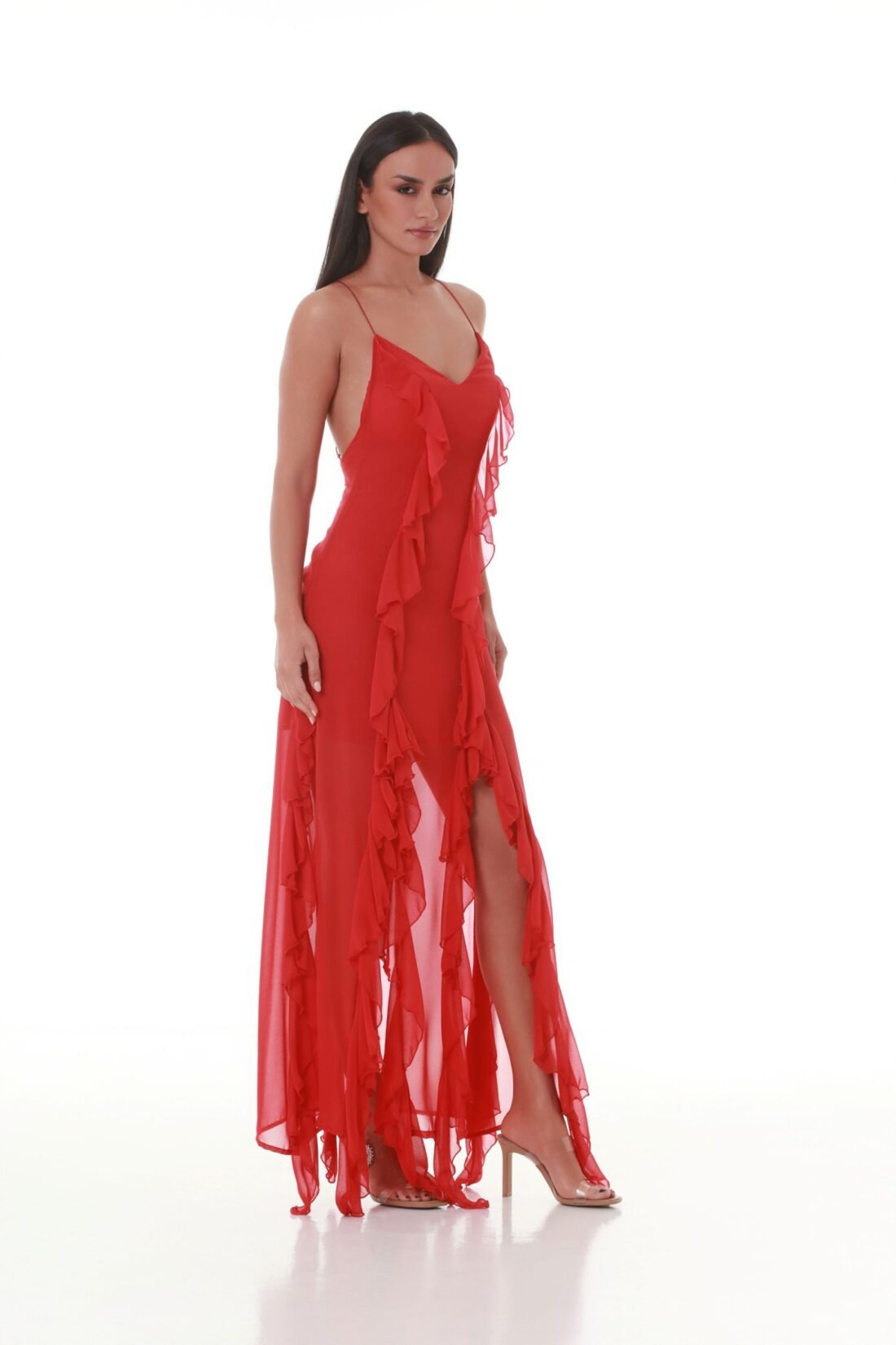 Red Ruffled V-neck Maxi Dress