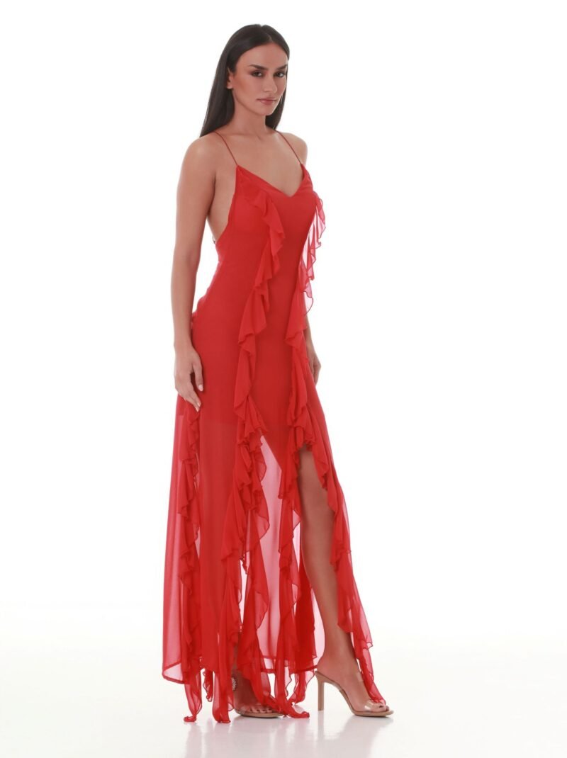 Red Ruffled V-neck Maxi Dress