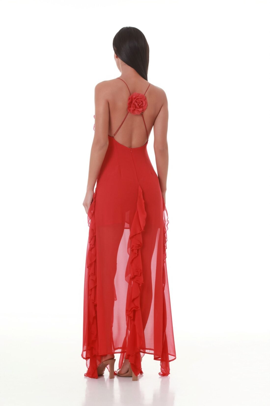 Red Ruffled V-neck Maxi Dress