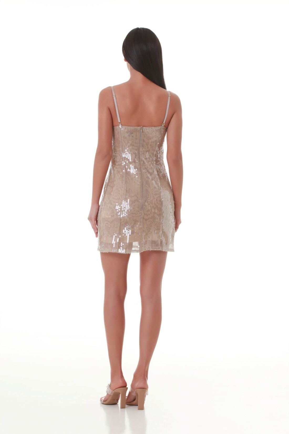 Sweetheart-Petal Neck Sequin Mini Dress in Almond Brown