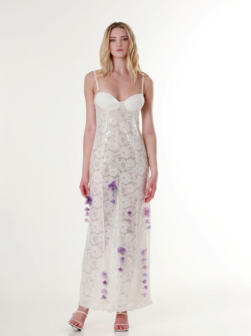 Sweetheart-Neck Sequin Maxi Dress in Off-white