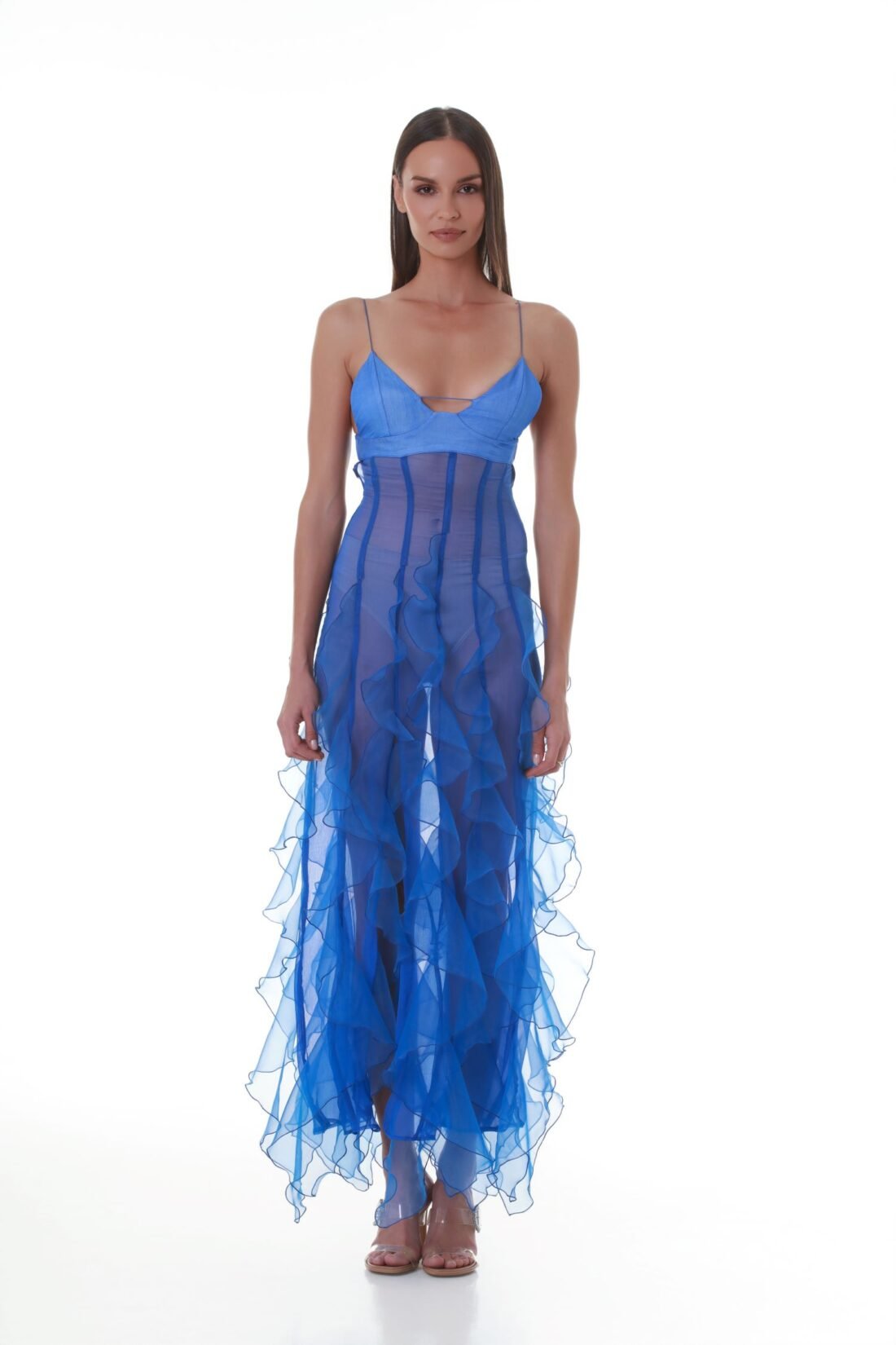 Ruffled Cut-Out Plissé Silk Baltimora Maxi Dress