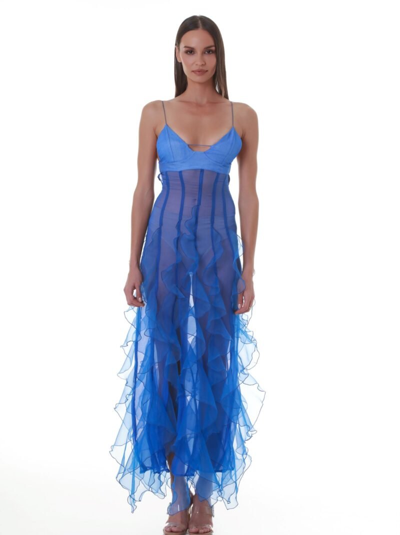 Ruffled Cut-Out Plissé Silk Baltimora Maxi Dress