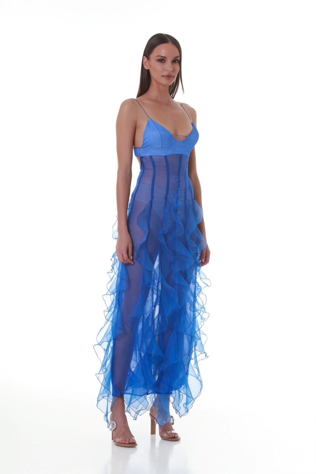 Ruffled Cut-Out Plissé Silk Baltimora Maxi Dress