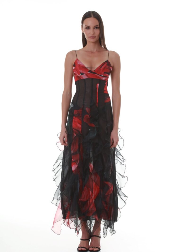 Flaming Roses Ruffle Printed Maxi Dress
