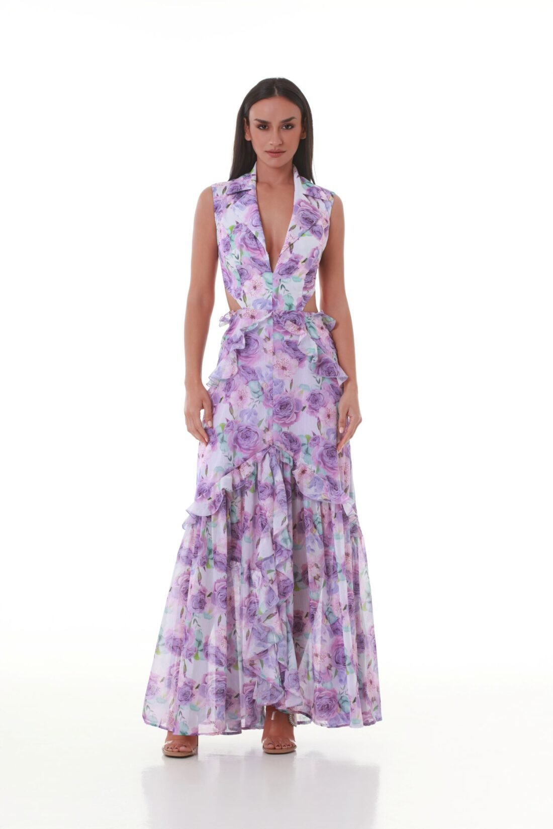 Elysian Elegance: Backless Floral Blazer Maxi Dress