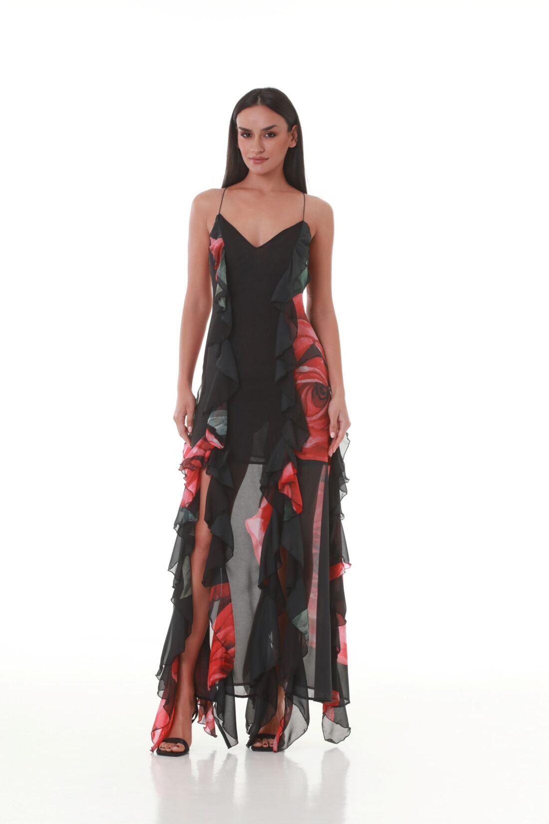 ”Ruffles and Rhythm’ V -NECK RED ROSES
