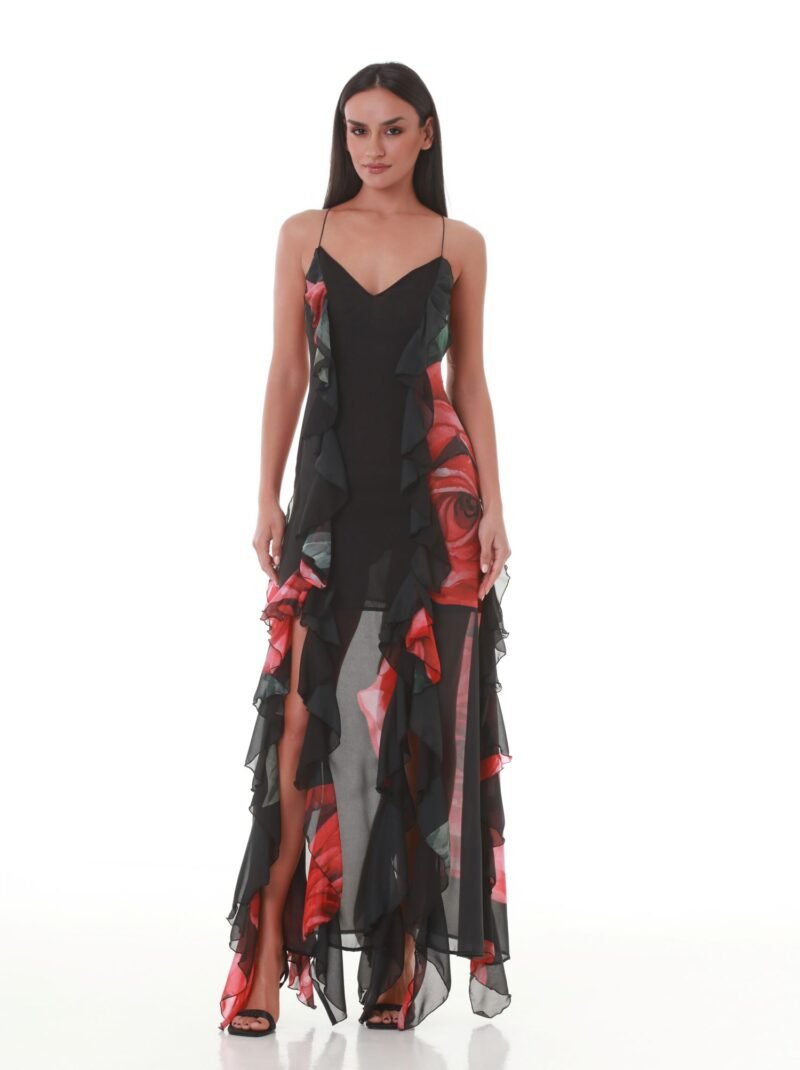 ”Ruffles and Rhythm’ V -NECK RED ROSES
