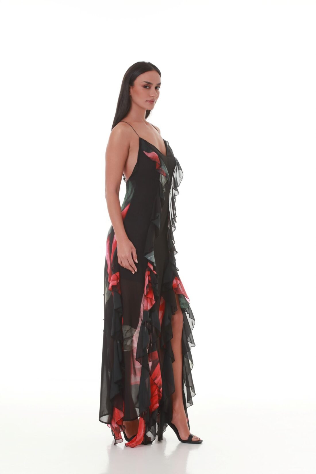 ”Ruffles and Rhythm’ V -NECK RED ROSES