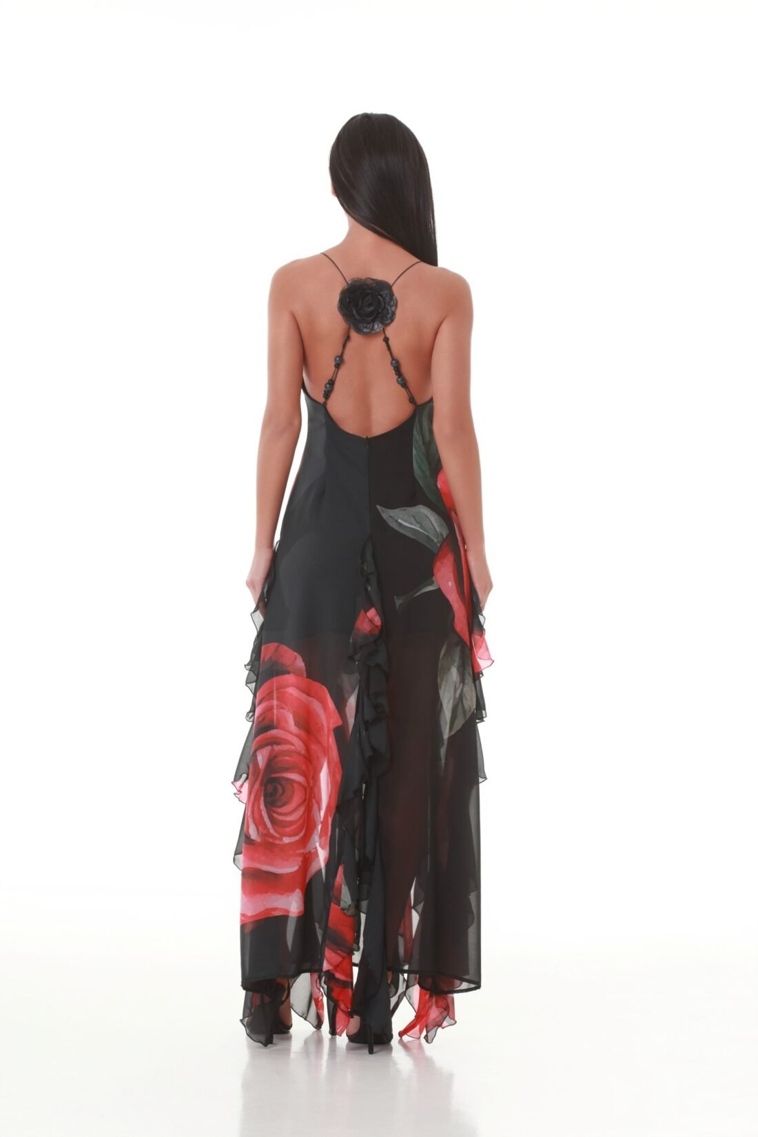 ”Ruffles and Rhythm’ V -NECK RED ROSES