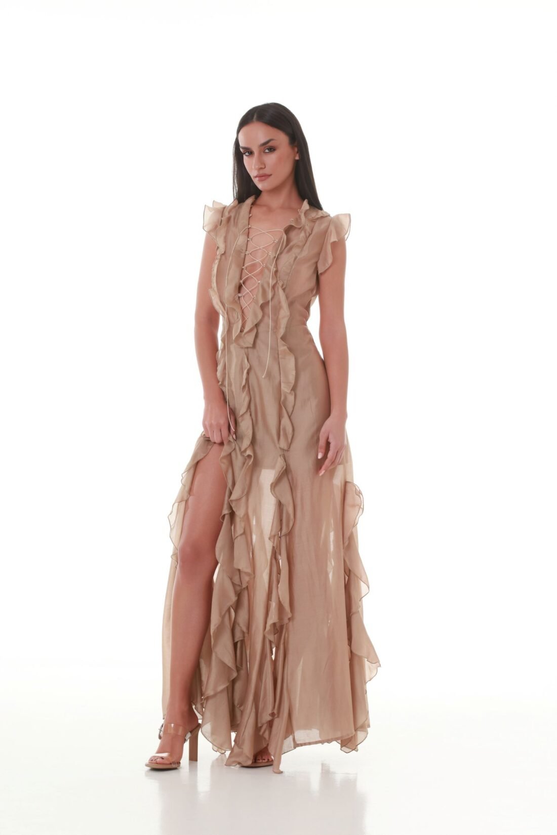 Sand Silky Lace-Up Ruffle Maxi