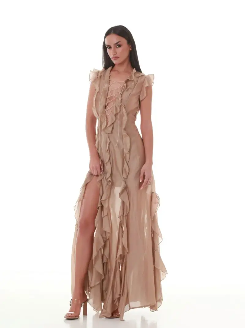 Sand Silky Lace-Up Ruffle Maxi
