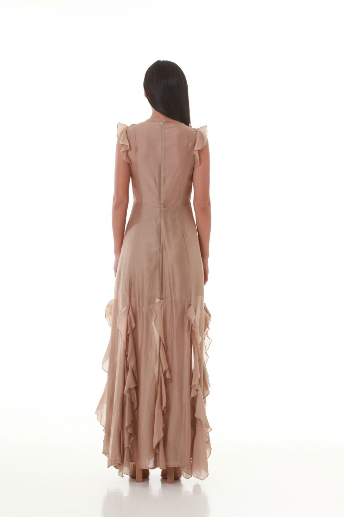 Sand Silky Lace-Up Ruffle Maxi