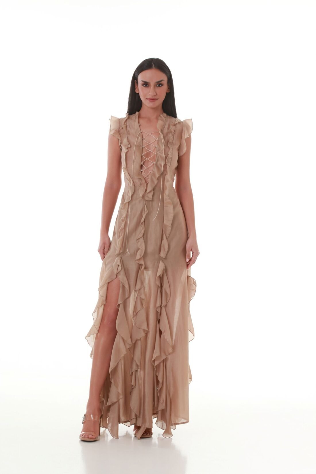Sand Silky Lace-Up Ruffle Maxi