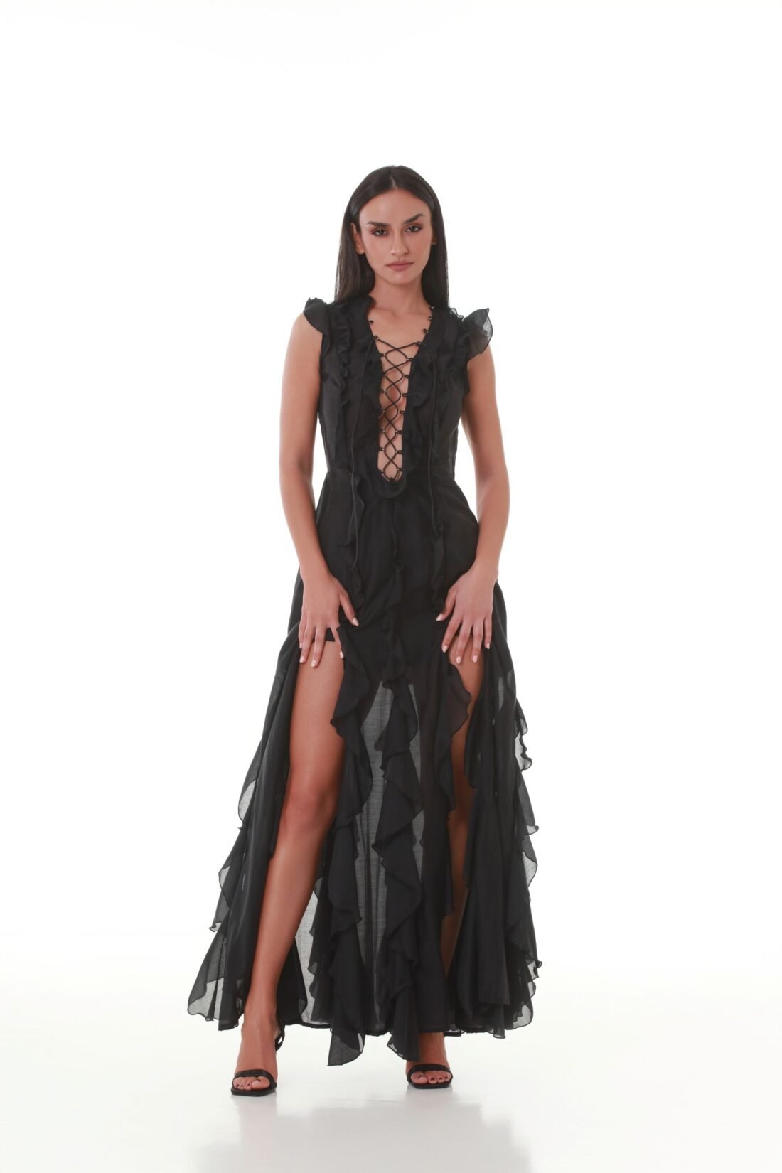 Black Silky Lace-Up Ruffle Maxi