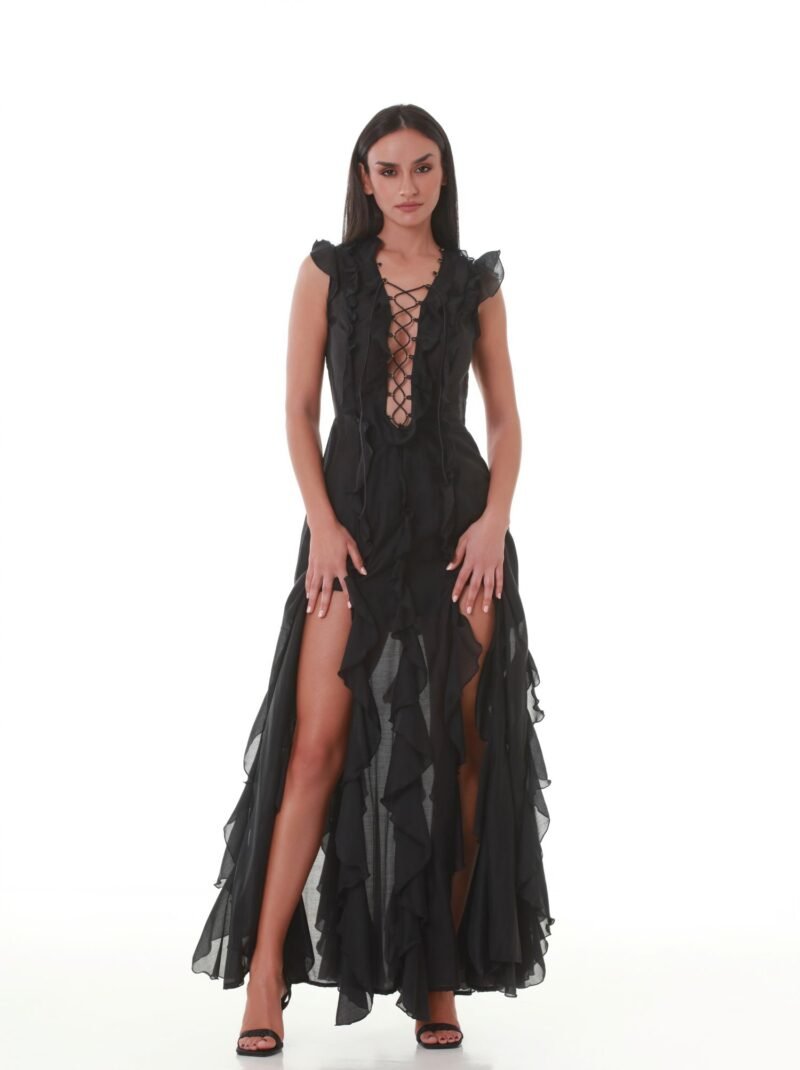 Black Silky Lace-Up Ruffle Maxi
