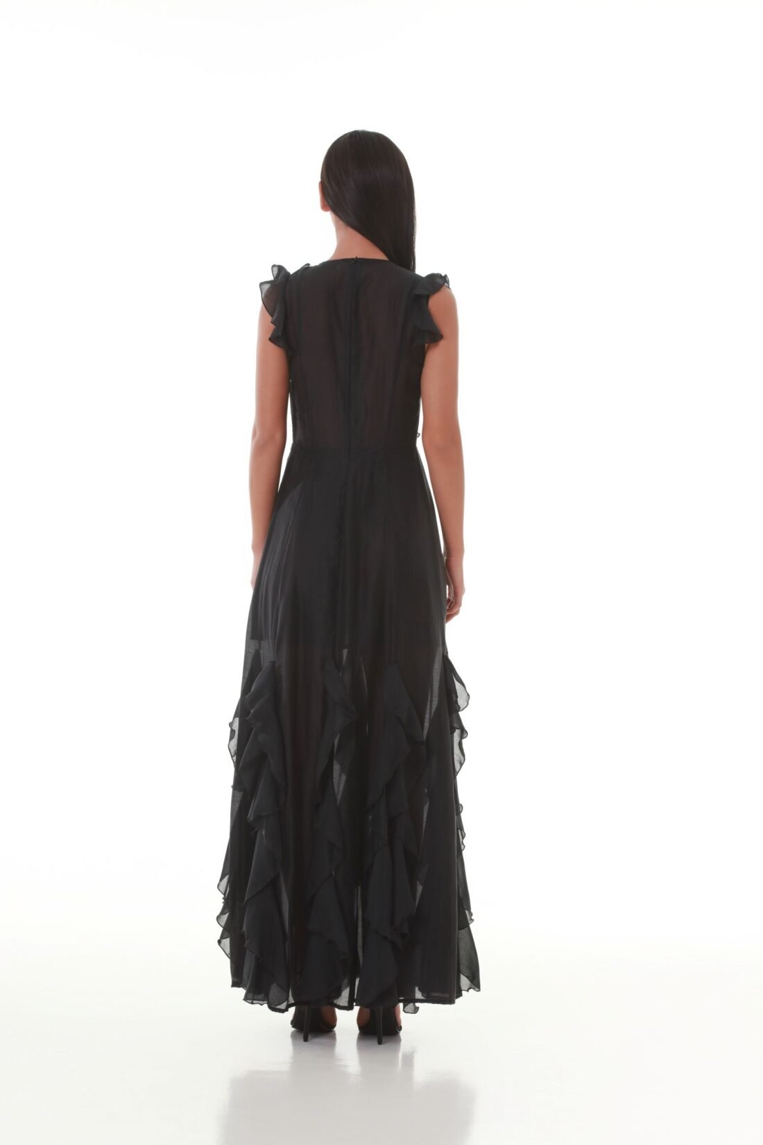 Black Silky Lace-Up Ruffle Maxi