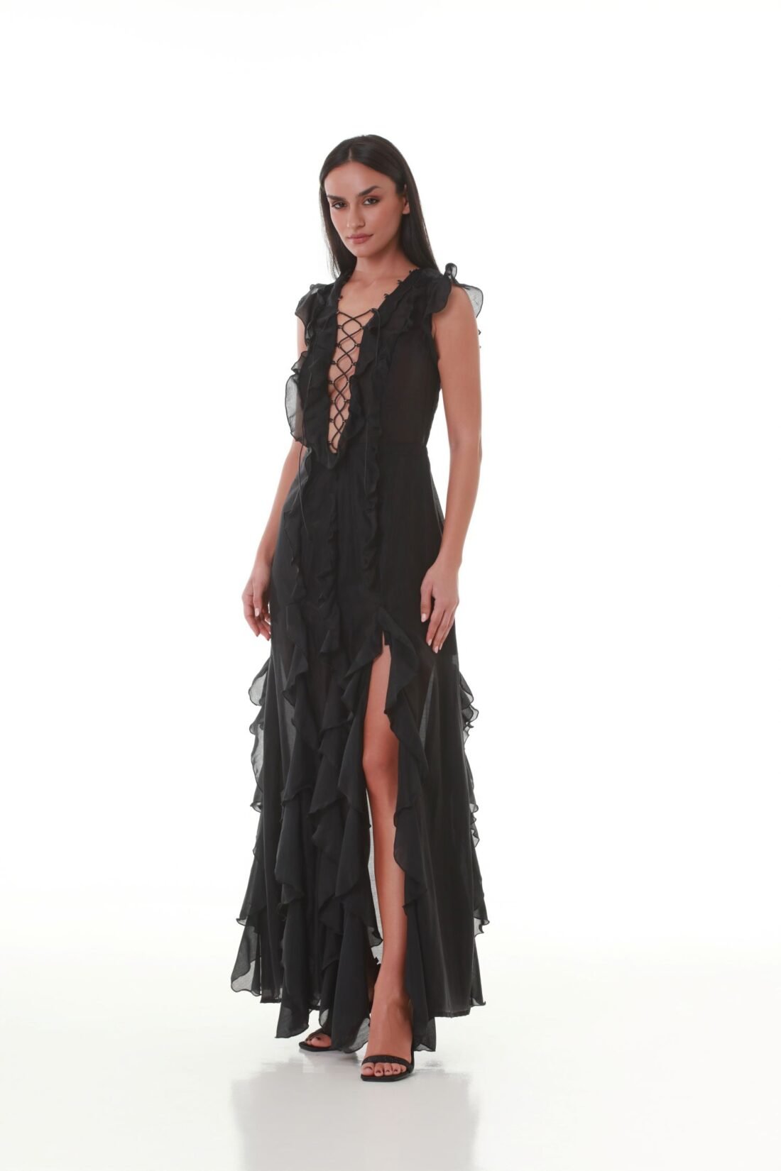 Black Silky Lace-Up Ruffle Maxi