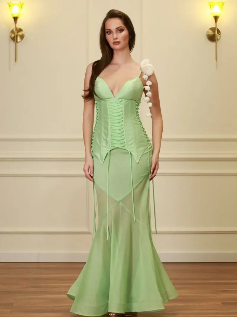 Mint Shantung & 3D Petal Silk Corset Set