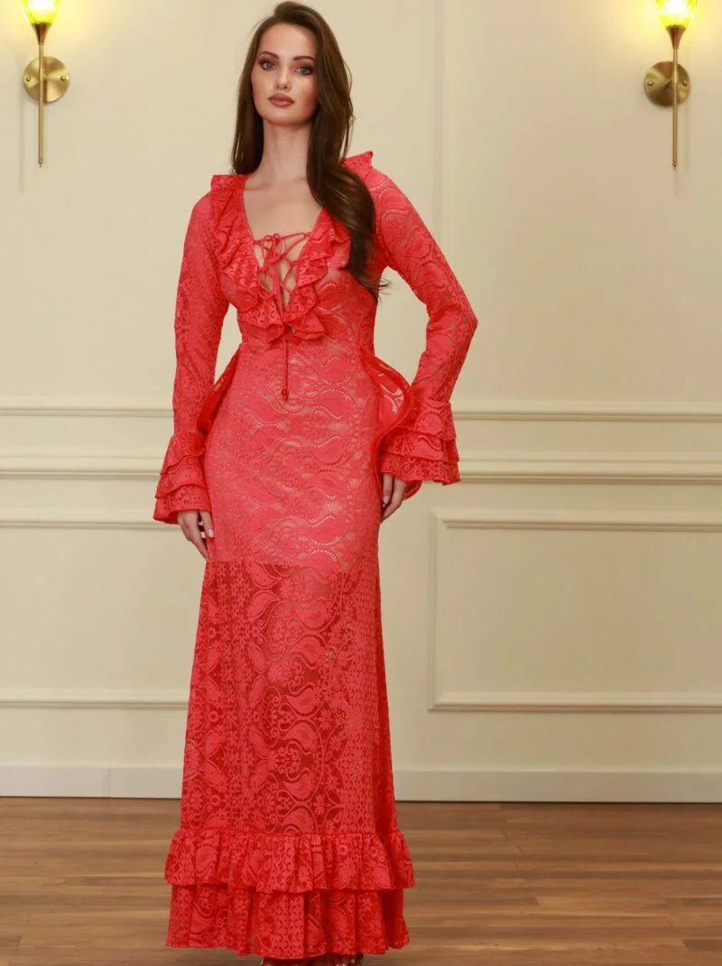 The Long-Sleeve Coral Lace Maxi