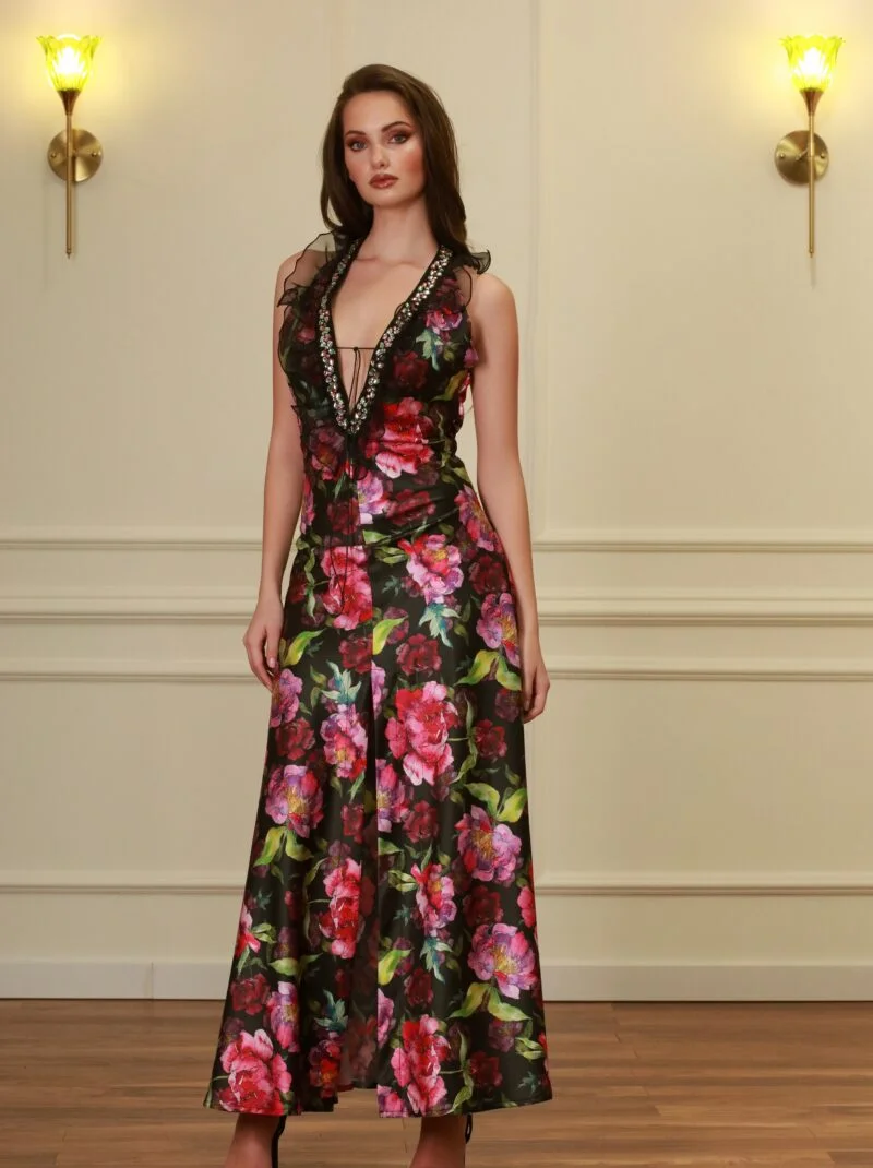 The Peony Embellished Halter-Neck Satin Maxi