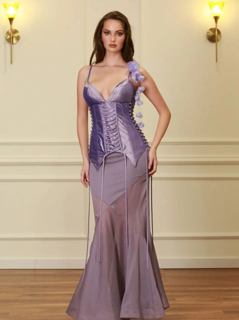 Lavender Shantung & 3D Petal Silk Corset Set